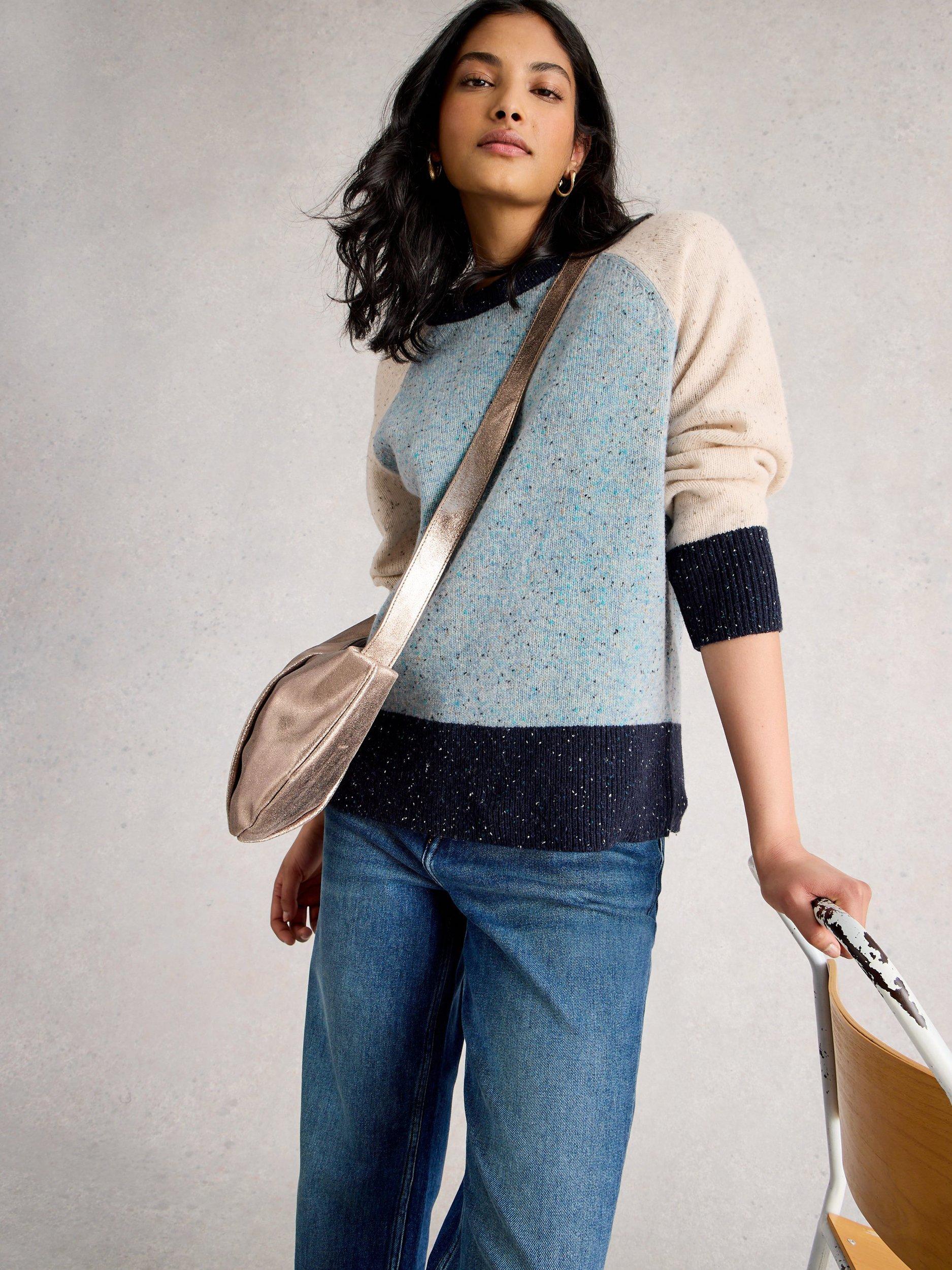 Product image 3 of 6, which shows White Stuff Wool Blend Colour Block Long Sleeve Crew Neck Jumper, Blue/Multi, 22