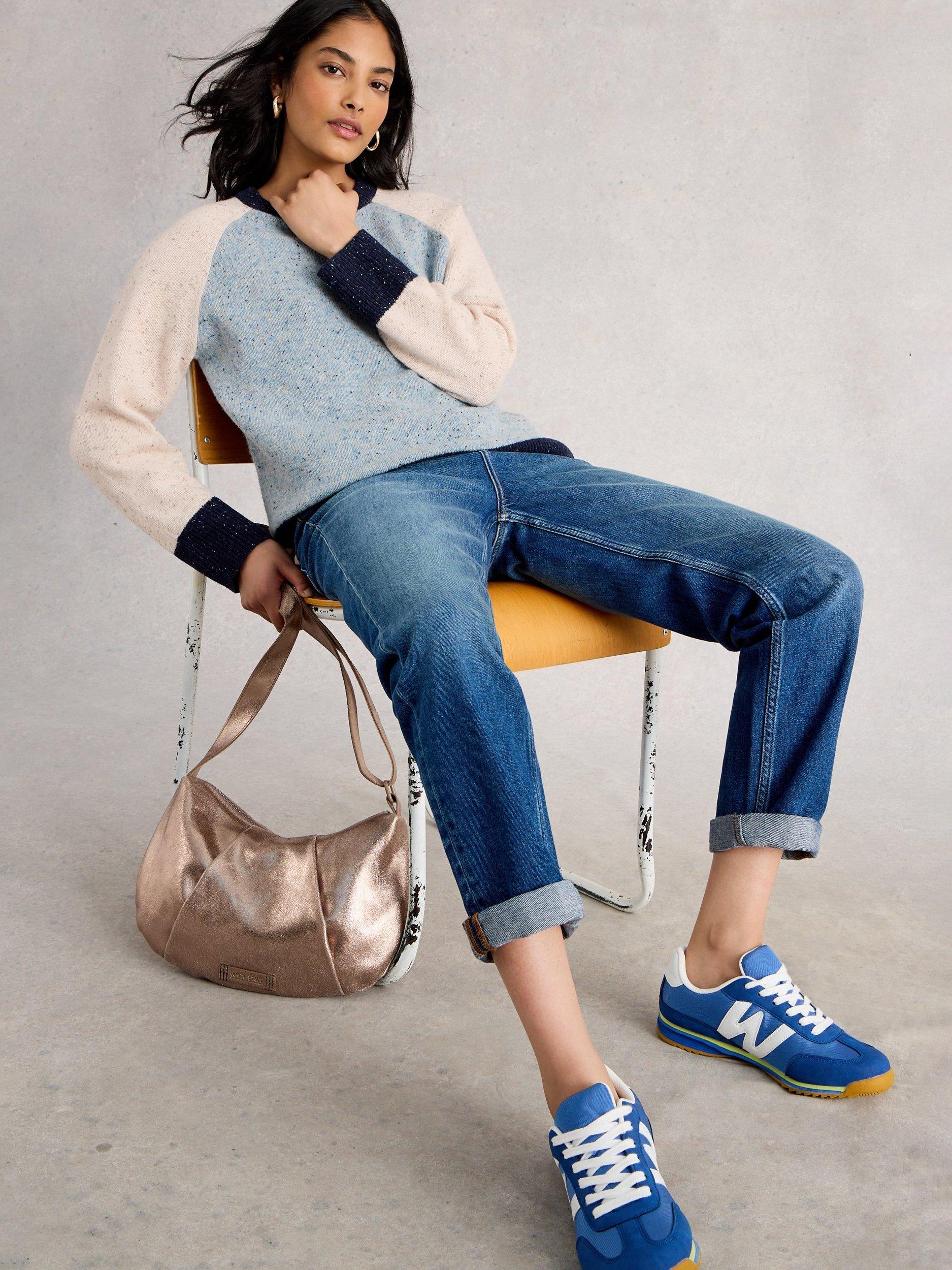 Product image 4 of 6, which shows White Stuff Wool Blend Colour Block Long Sleeve Crew Neck Jumper, Blue/Multi, 22