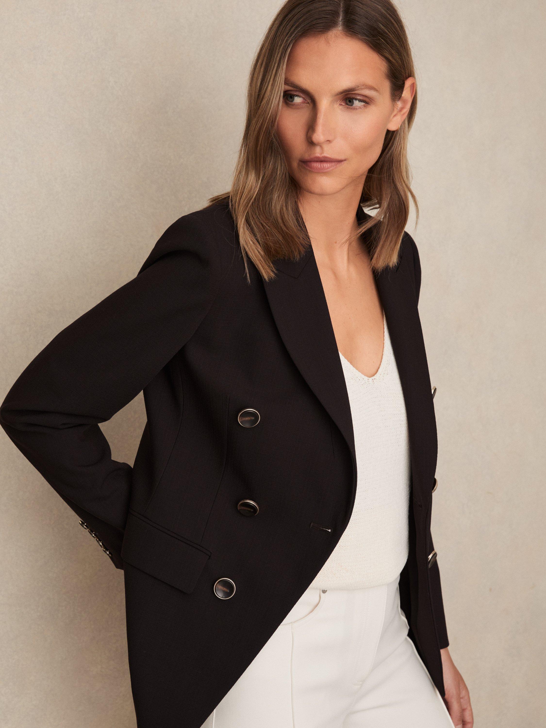 Product image 1 of 5, which shows Reiss Lia Wool Blend Double Breasted V Neck Long Sleeve Petite Blazer, Chocolate Brown, 6Pt