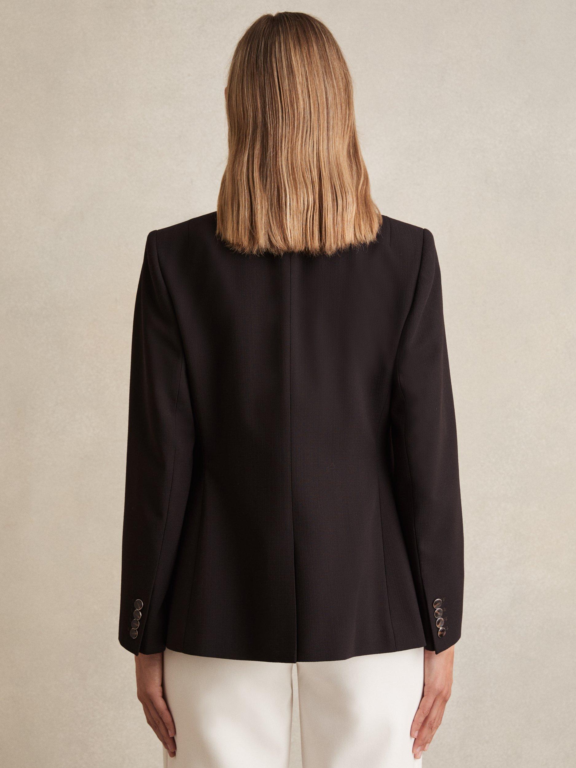 Product image 2 of 5, which shows Reiss Lia Wool Blend Double Breasted V Neck Long Sleeve Petite Blazer, Chocolate Brown, 6Pt