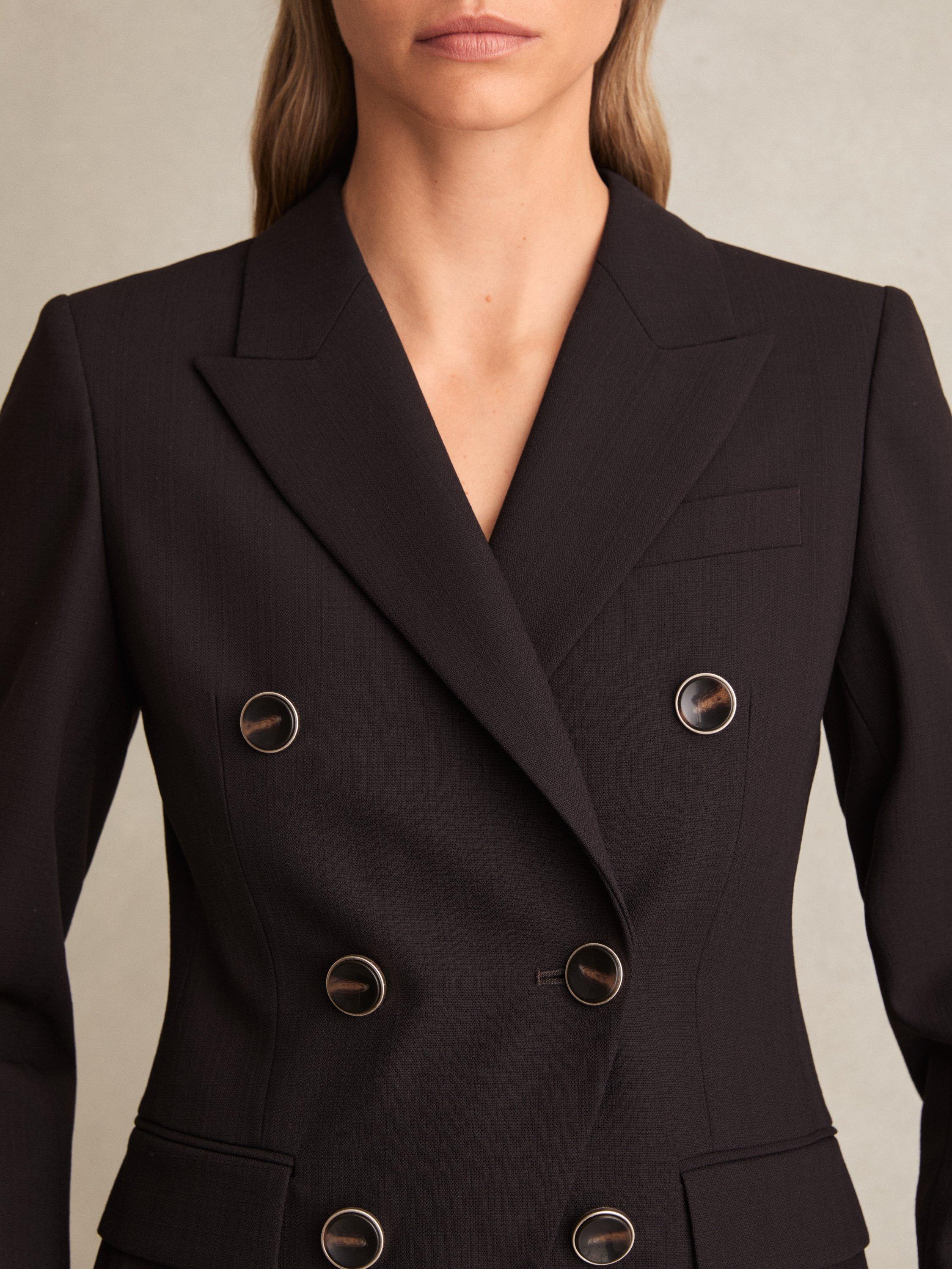 Product image 5 of 5, which shows Reiss Lia Wool Blend Double Breasted V Neck Long Sleeve Petite Blazer, Chocolate Brown, 6Pt