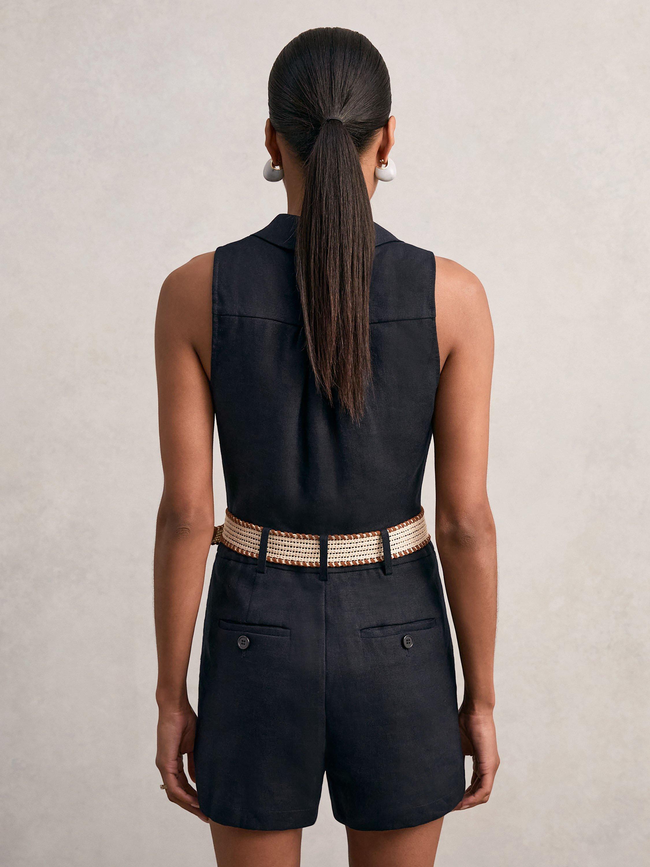 Product image 2 of 5, which shows Reiss Mila Pure Linen Playsuit, Navy, 14