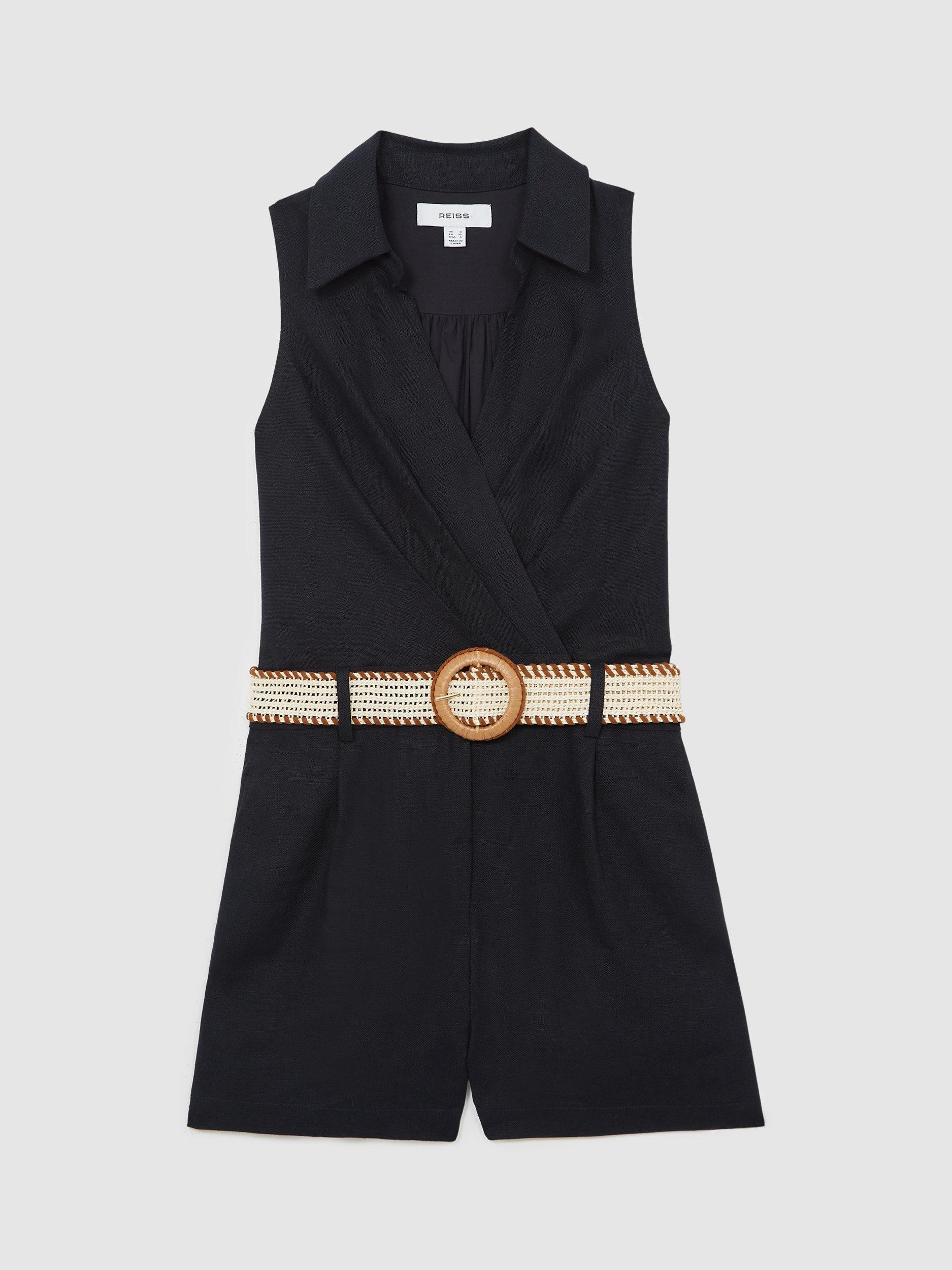 Product image 3 of 5, which shows Reiss Mila Pure Linen Playsuit, Navy, 14