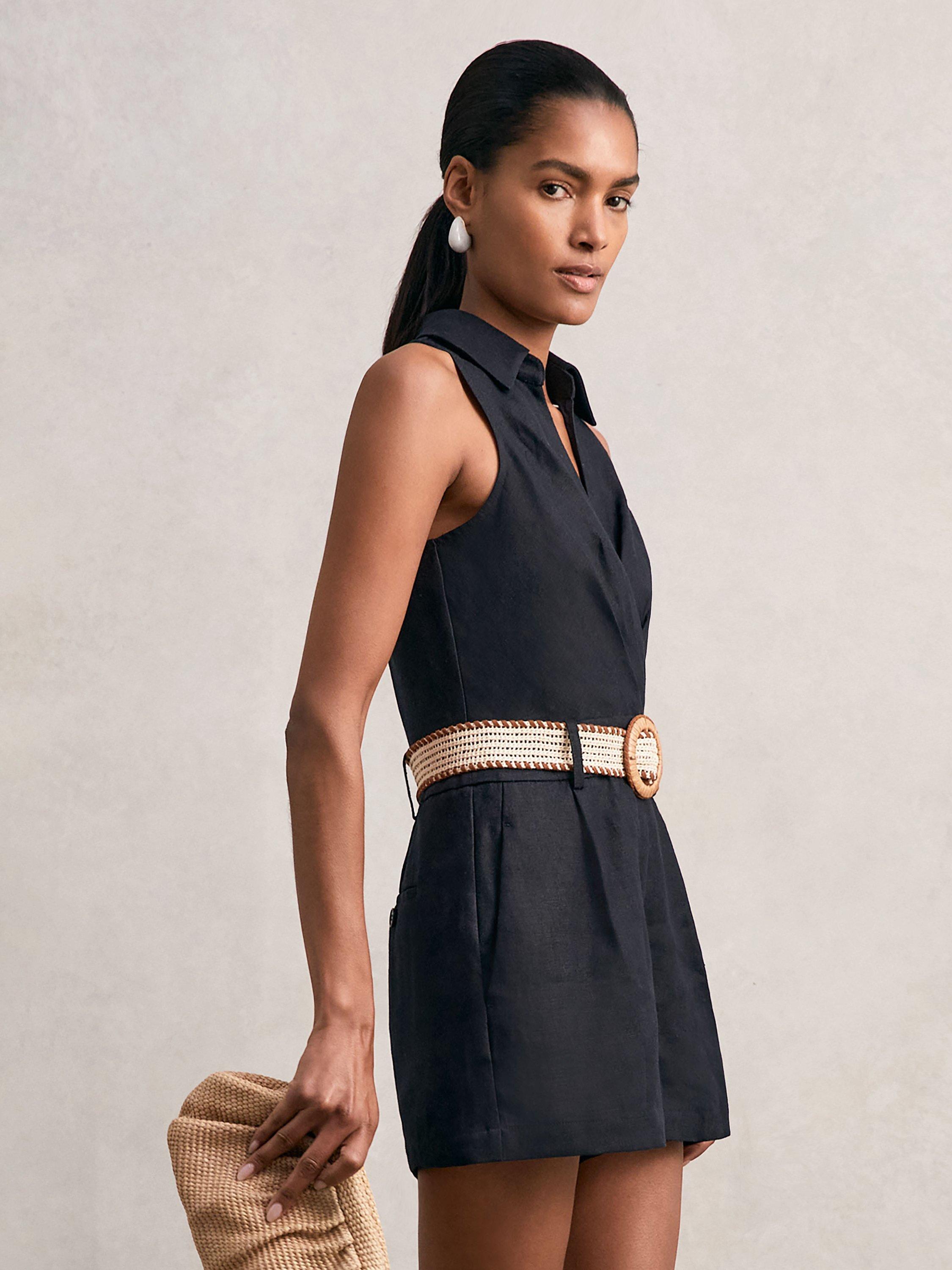 Product image 4 of 5, which shows Reiss Mila Pure Linen Playsuit, Navy, 14