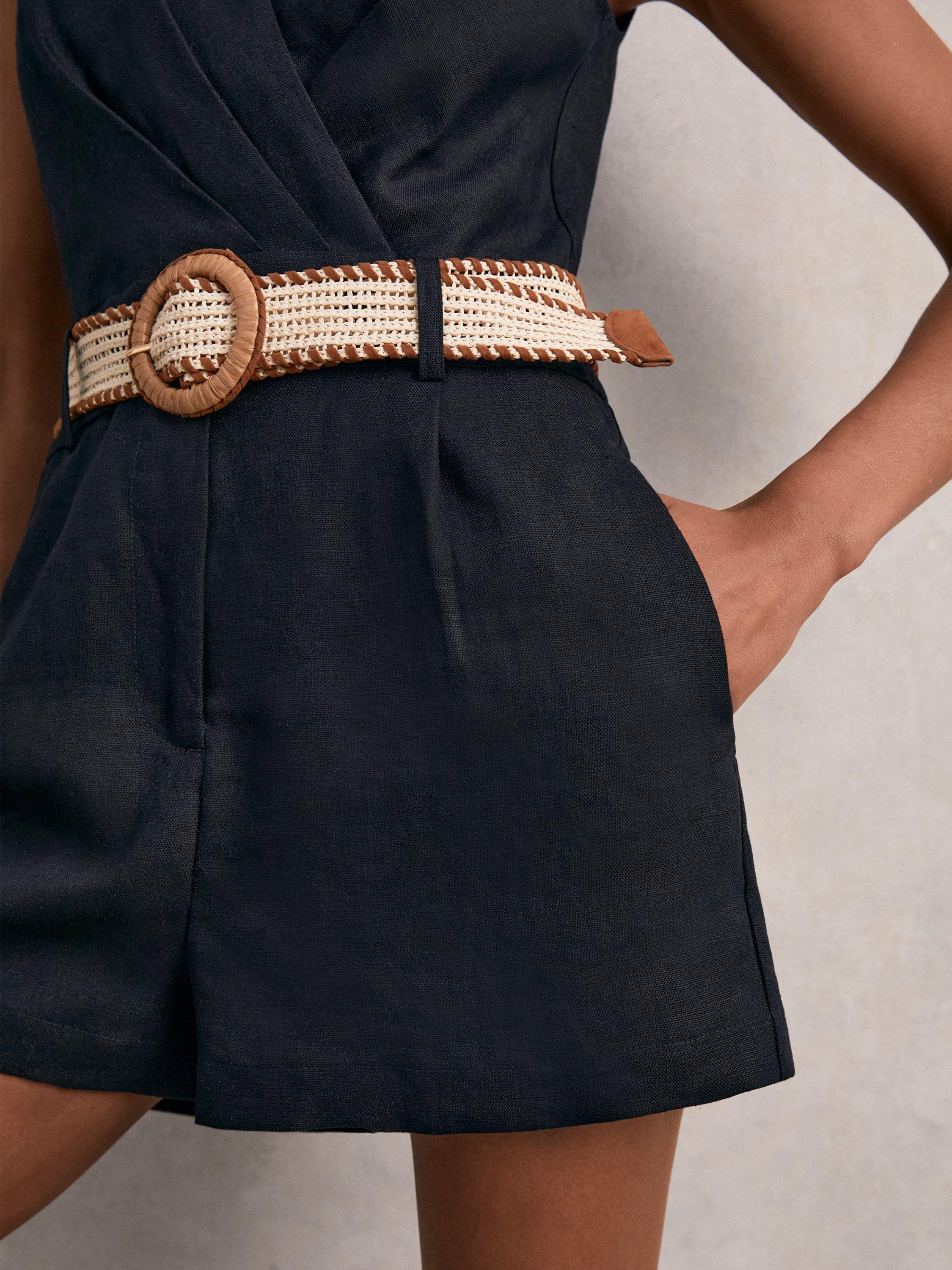 Product image 5 of 5, which shows Reiss Mila Pure Linen Playsuit, Navy, 14