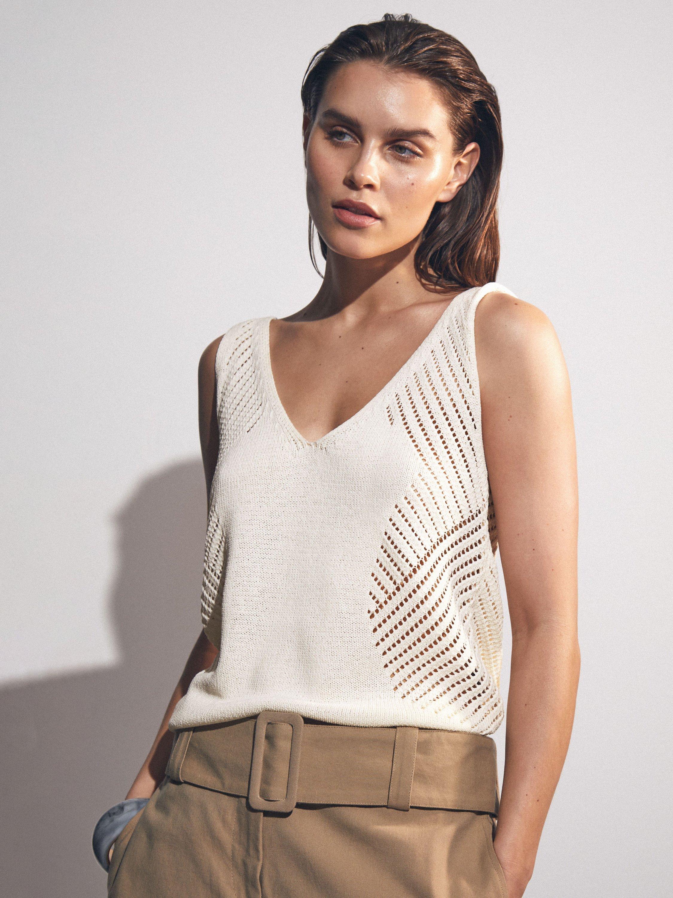 Product image 4 of 5, which shows Reiss Helena Cotton Blend Sleeveless V Neck Vest, Ivory Cream, XS