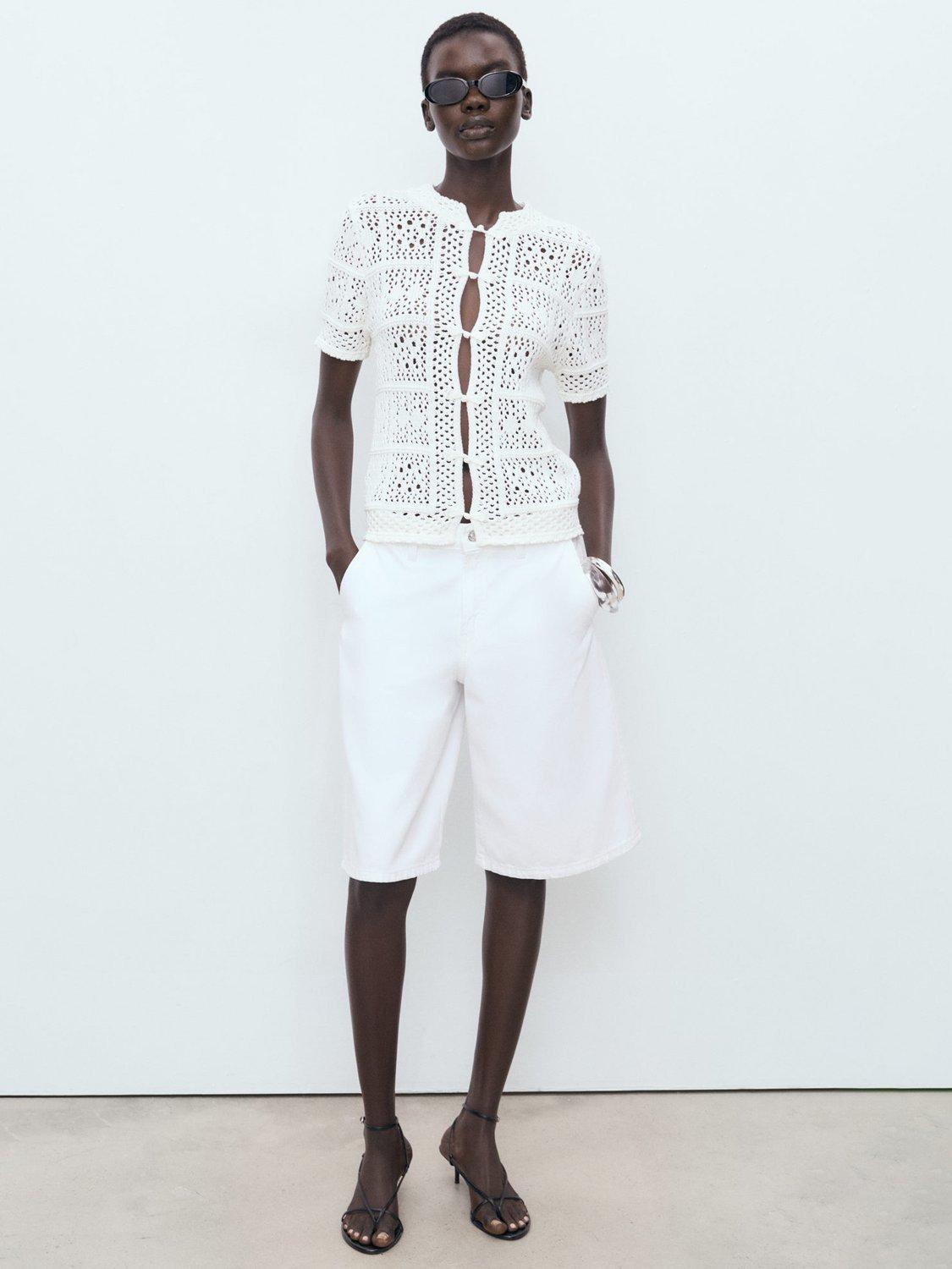 Mango Scot Textured Cotton Crochet Cardigan