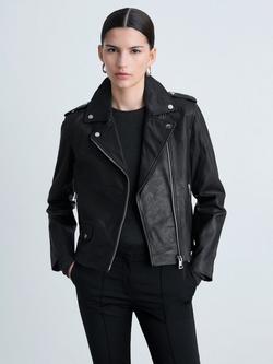 Mango Perfect Leather Cropped Biker Jacket, Black