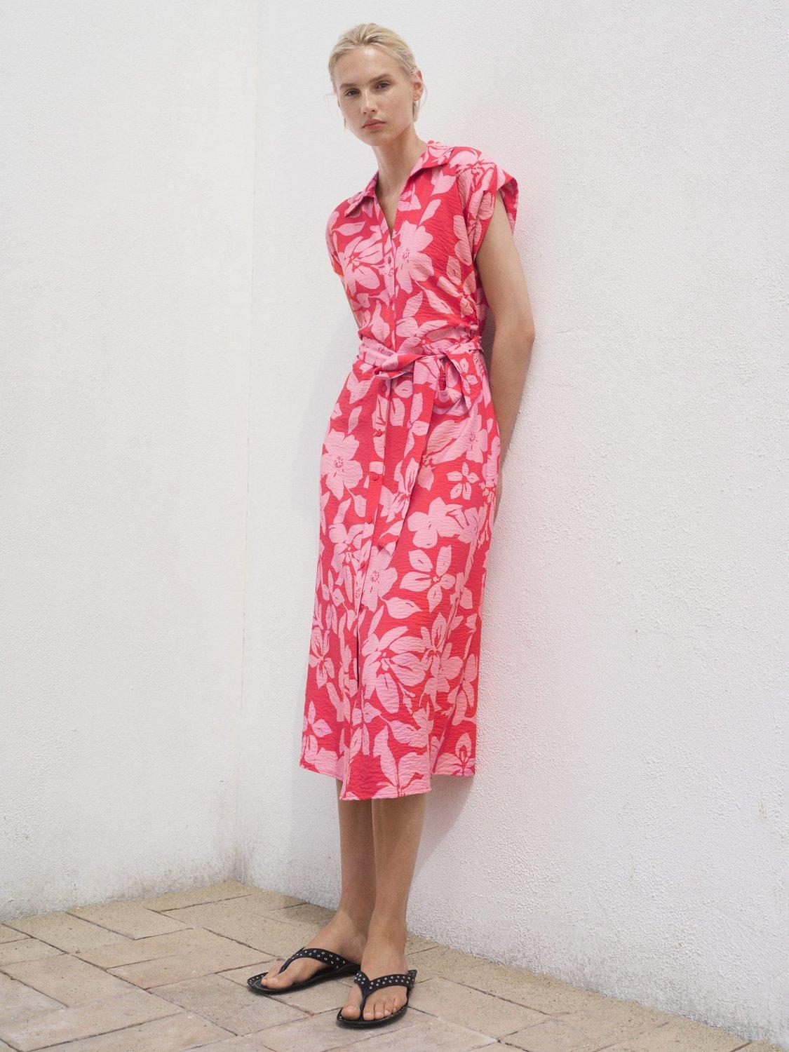 Product image 1 of 8, which shows Mango Apple Floral Print Midi Dress, Bright Pink, 10