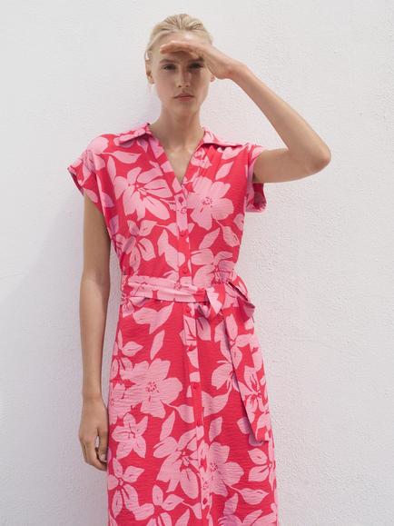 Mango Apple Floral Print Midi Dress - view 2, Bright Pink