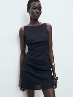 Mango Brown Sleeveless Linen Cotton Blend Mini Dress, Black