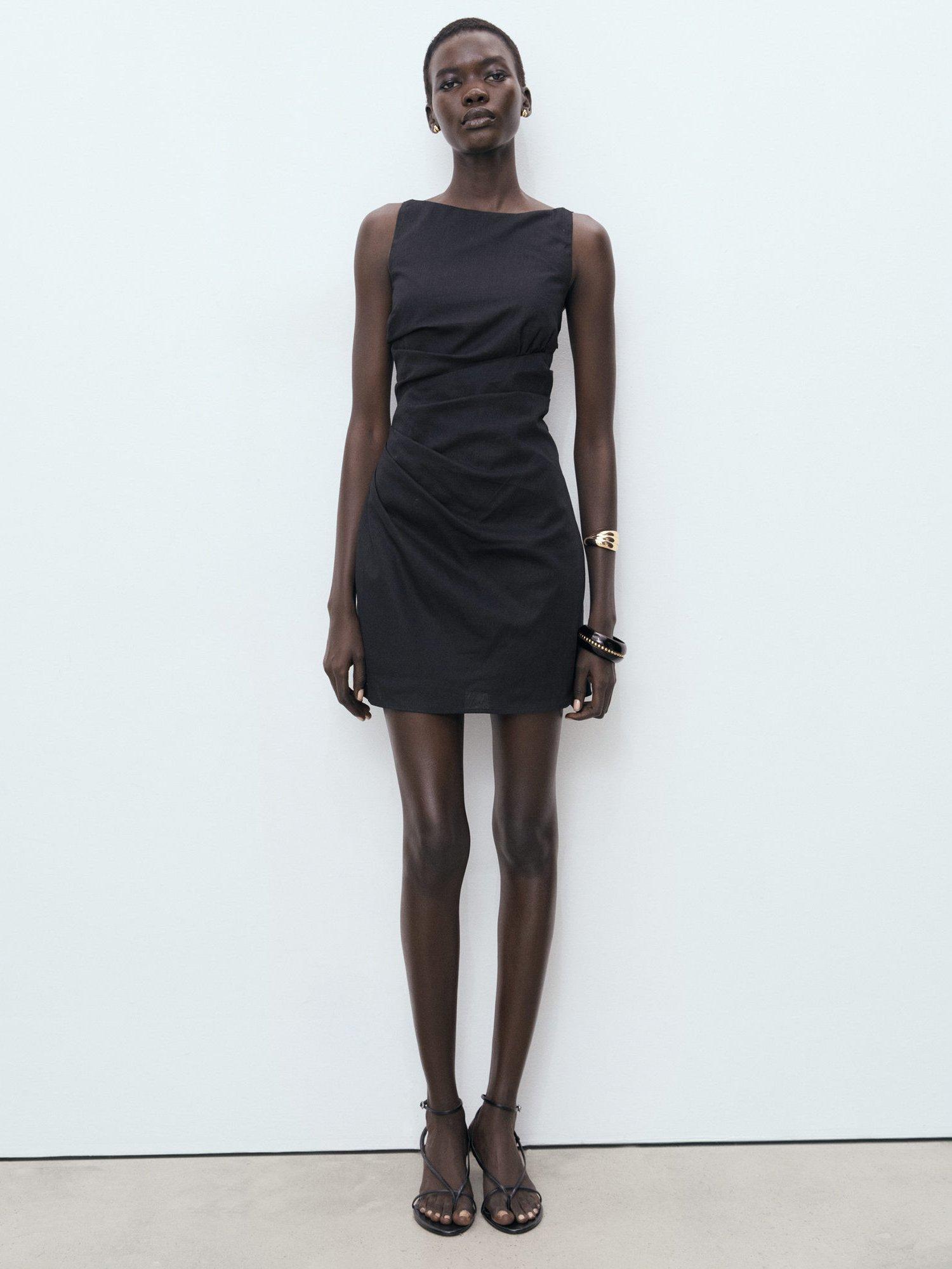 Product image 2 of 7, which shows Mango Brown Sleeveless Linen Cotton Blend Mini Dress, Black, 10