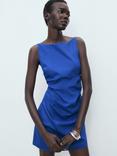 Mango Brown Sleeveless Linen Cotton Blend Mini Dress, Bright Blue