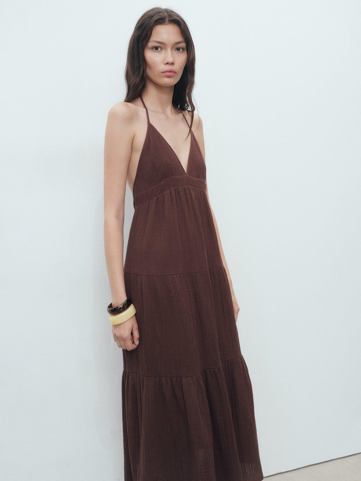 Product image 1 of 7, which shows Mango Corfu Cotton Midi Dress, Dark Brown, 10