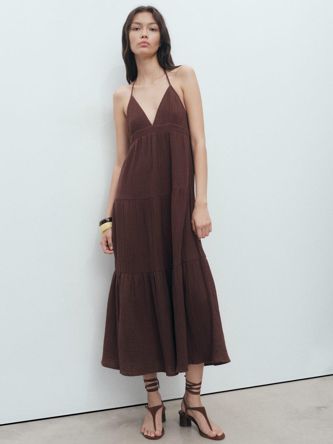 Product image 2 of 7, which shows Mango Corfu Cotton Midi Dress, Dark Brown, 10