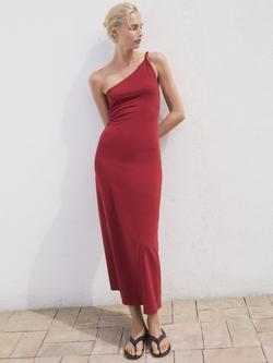 Mango Cuba One Shoulder Midi Dress, Dark Red, Dark Red