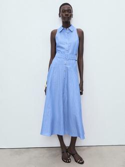 Mango Dam Striped Linen Blend Shirt Style Dress, Medium Blue, Medium Blue