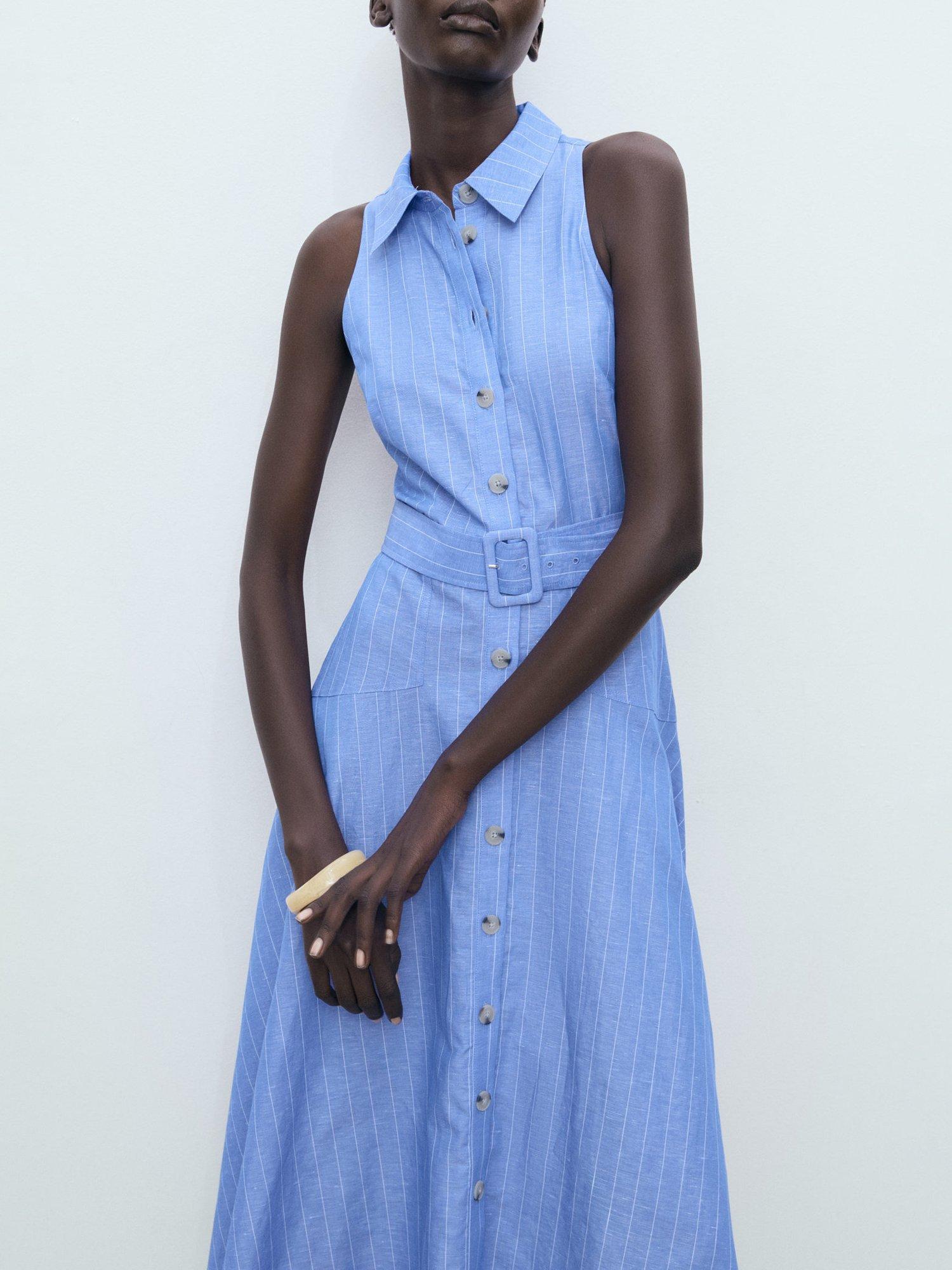 Product image 2 of 8, which shows Mango Dam Striped Linen Blend Shirt Style Dress, Medium Blue, 10