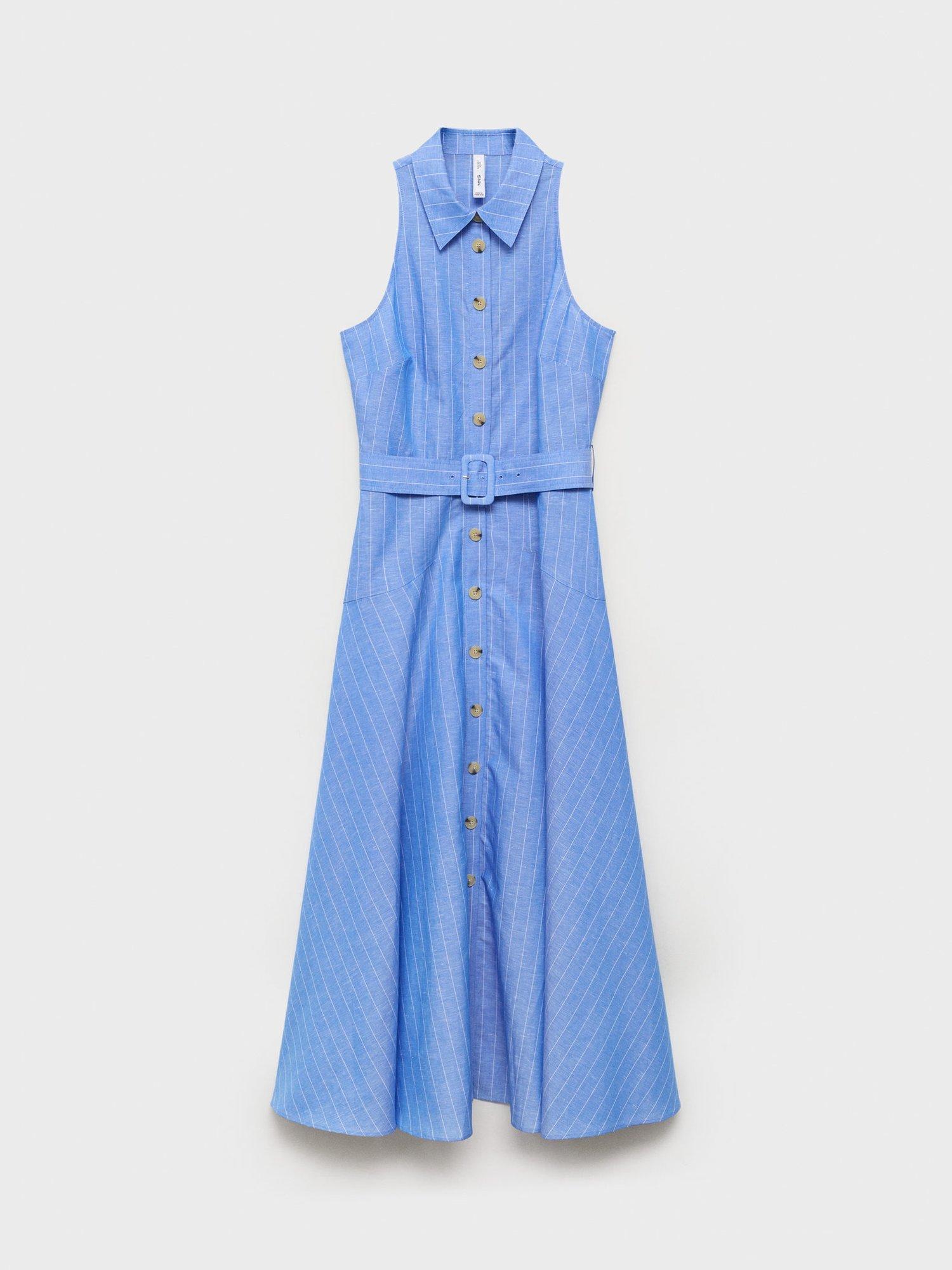Product image 3 of 8, which shows Mango Dam Striped Linen Blend Shirt Style Dress, Medium Blue, 10