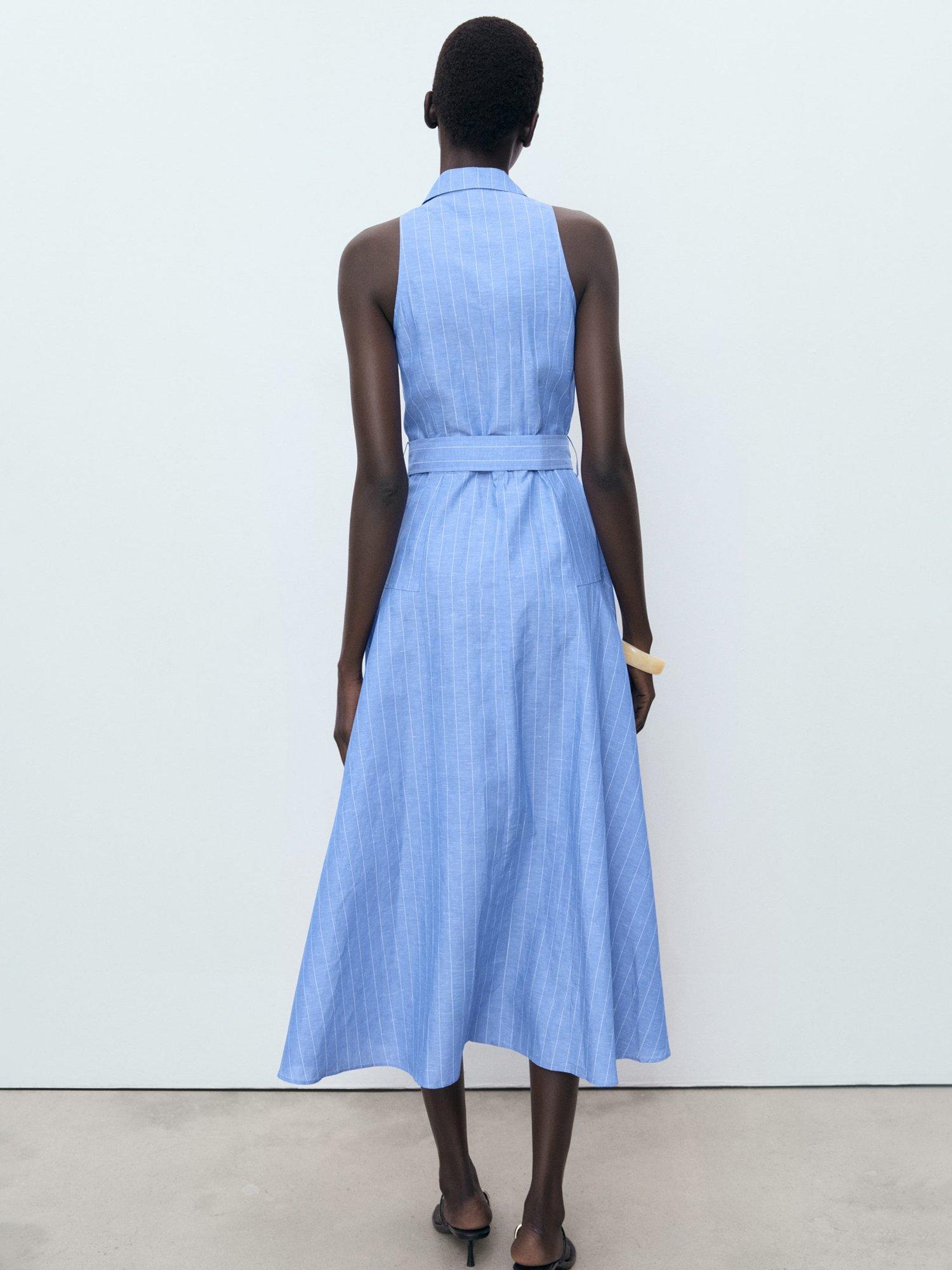 Product image 4 of 8, which shows Mango Dam Striped Linen Blend Shirt Style Dress, Medium Blue, 10