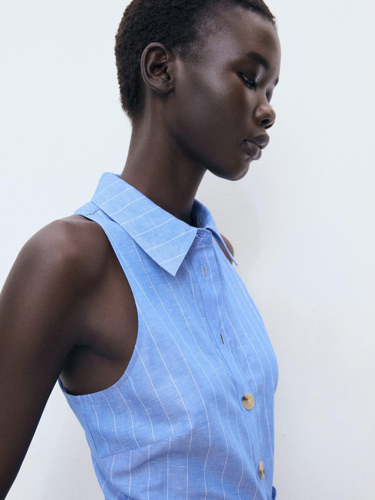 Product image 6 of 8, which shows Mango Dam Striped Linen Blend Shirt Style Dress, Medium Blue, 10