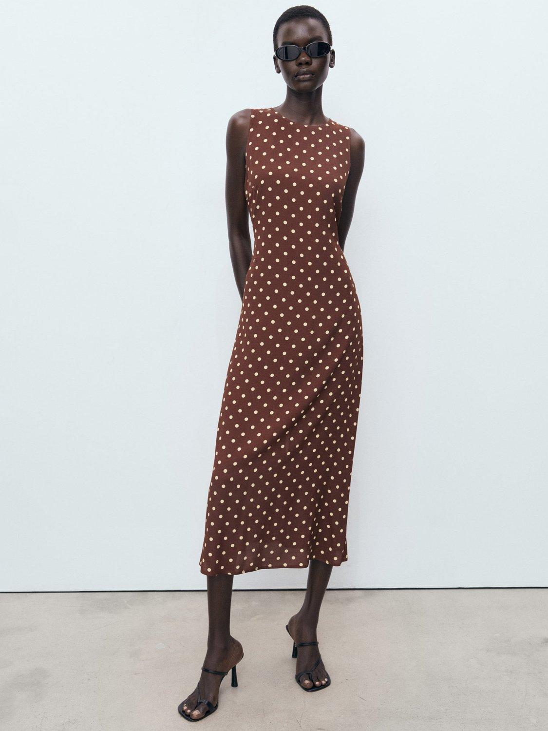 Mango Greeny Polka Dot Midi Dress, Brown