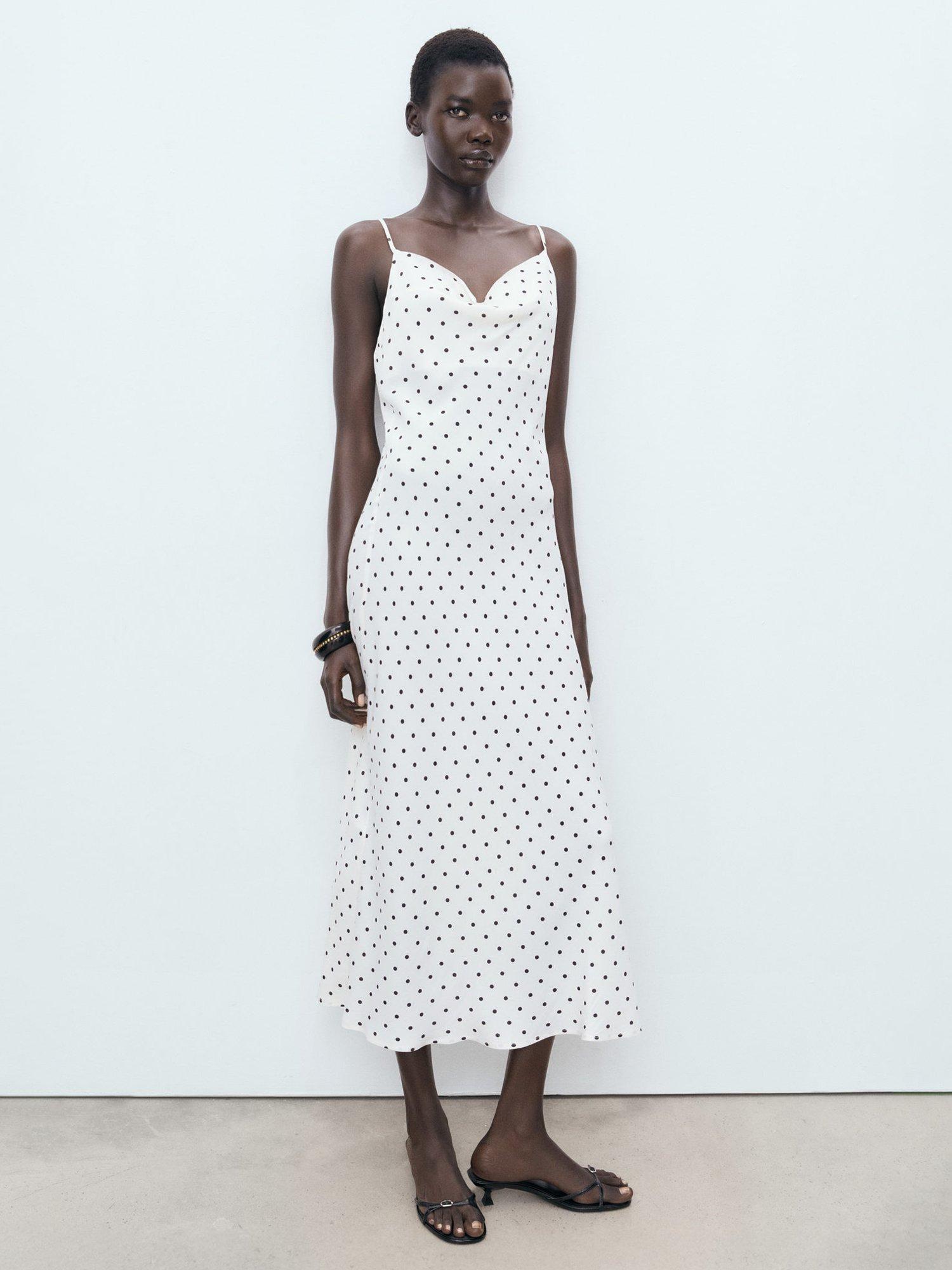 Product image 1 of 8, which shows Mango Kendal Spot Midi Dress, Natural White, 12