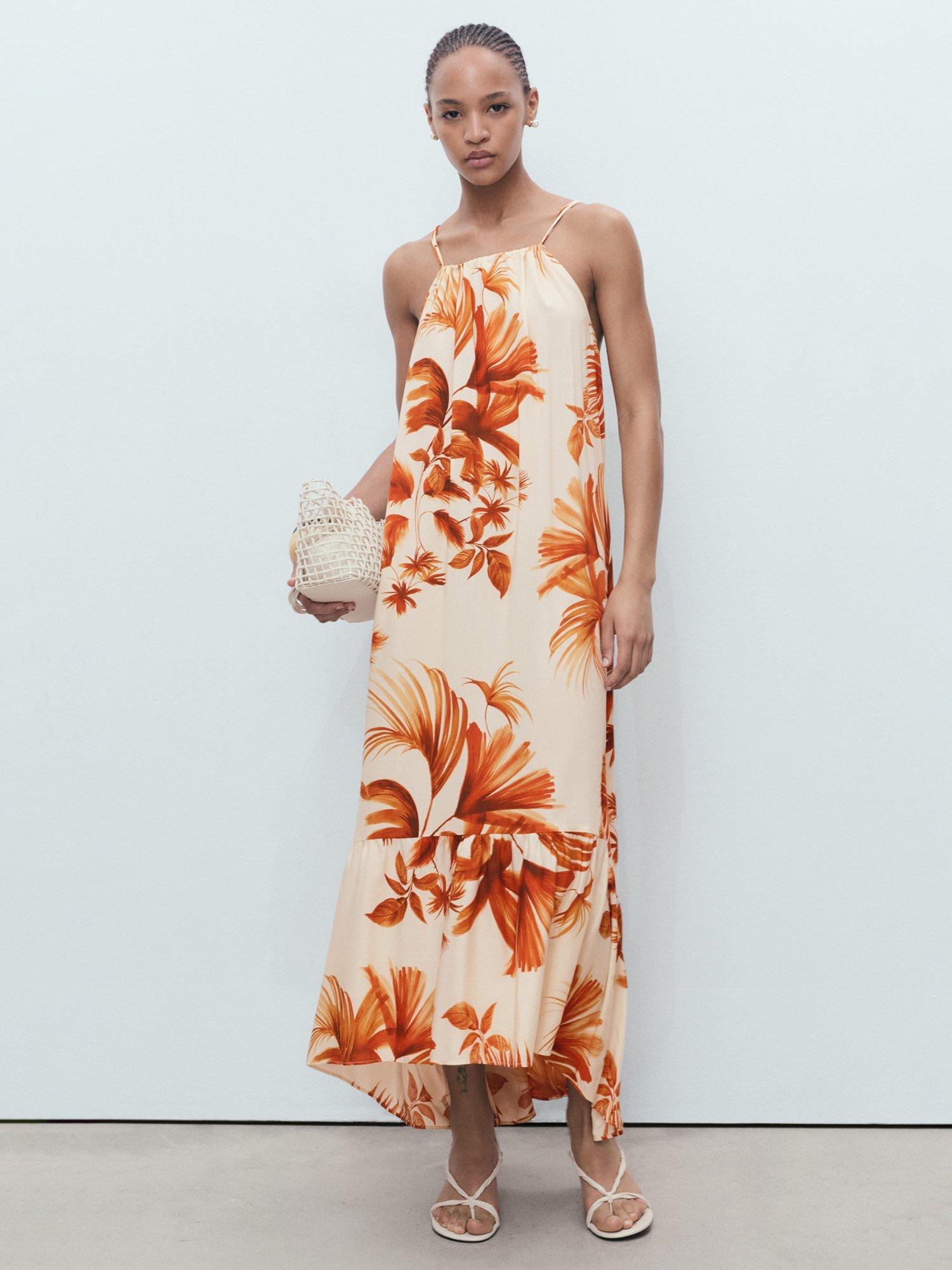 Product image 1 of 8, which shows Mango Palm Print Square Neck Strappy Midi Dress, Brown, 10