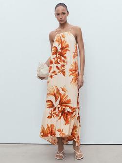 Mango Palm Print Square Neck Strappy Midi Dress, Brown