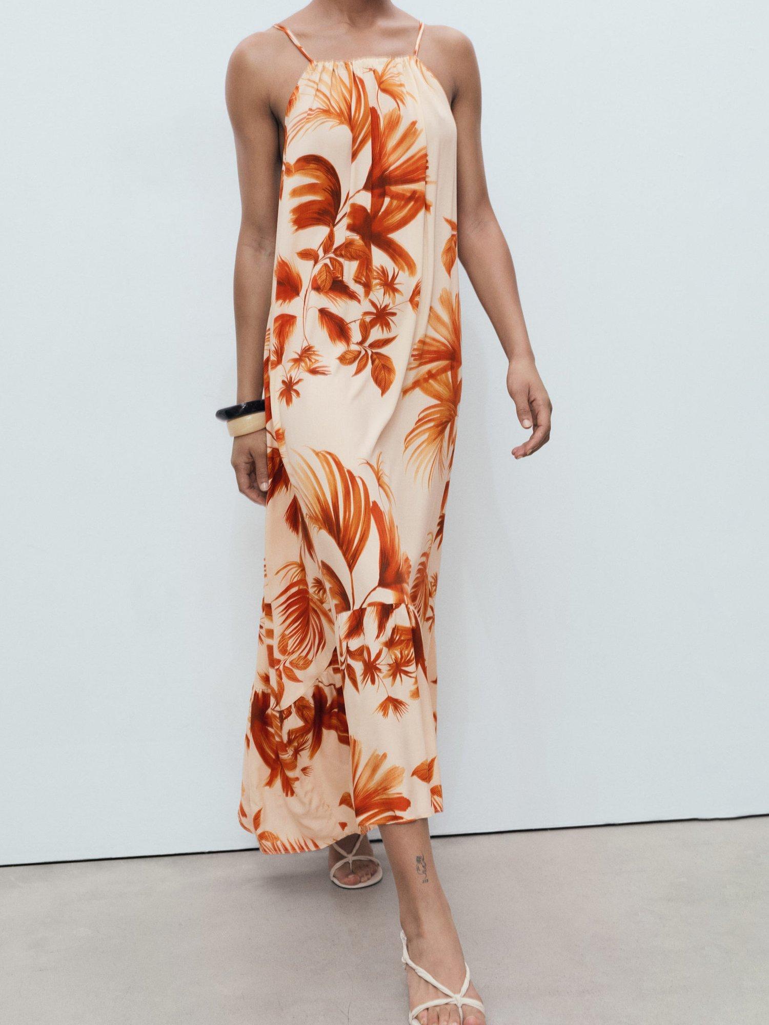 Product image 2 of 8, which shows Mango Palm Print Square Neck Strappy Midi Dress, Brown, 10