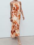 Mango Palm Print Square Neck Strappy Midi Dress