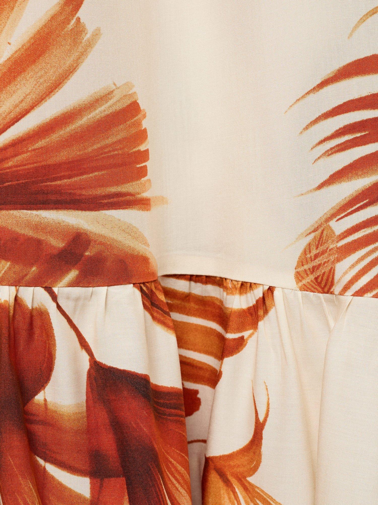 Product image 5 of 8, which shows Mango Palm Print Square Neck Strappy Midi Dress, Brown, 10