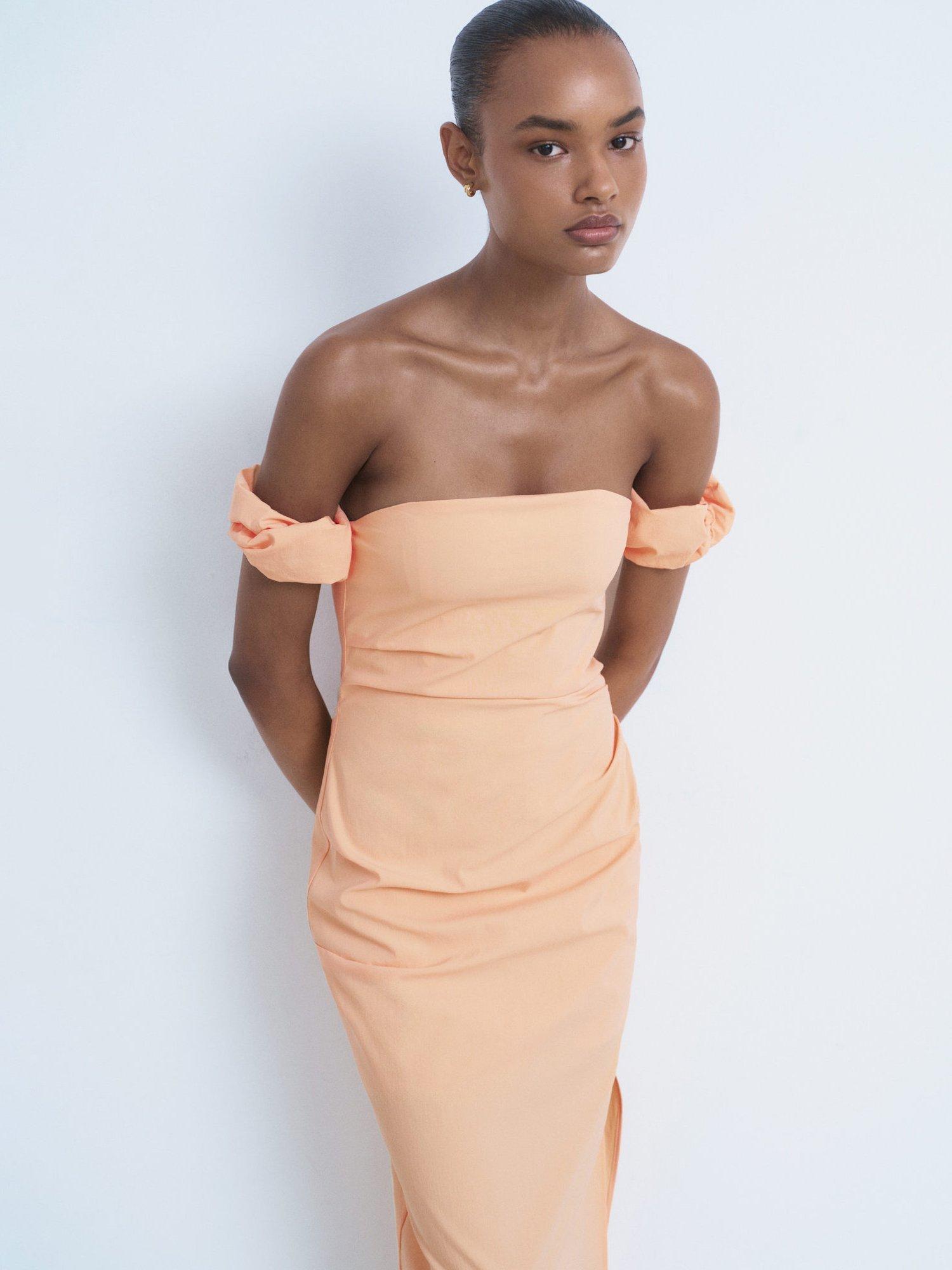Product image 2 of 8, which shows Mango Peachy Strapless Midi Dress, Pastel Orange, 10