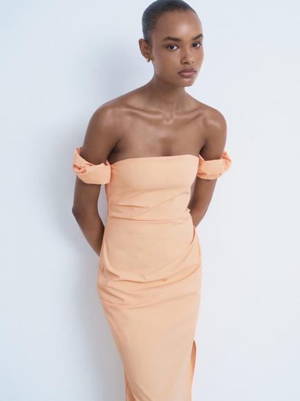 Mango Peachy Strapless Midi Dress, Pastel Orange - view 2, Pastel Orange