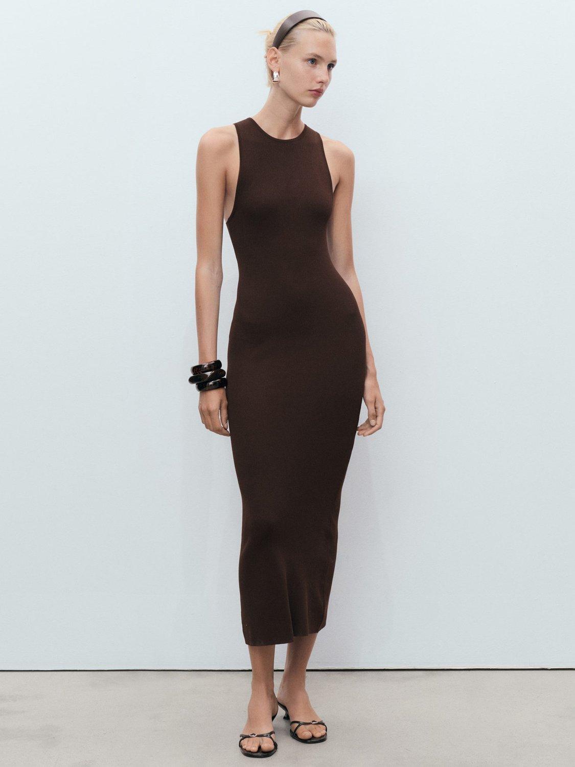 Product image 1 of 3, which shows Mango Perales Sleeveless Straight Midi Dress, Dark Brown, 8