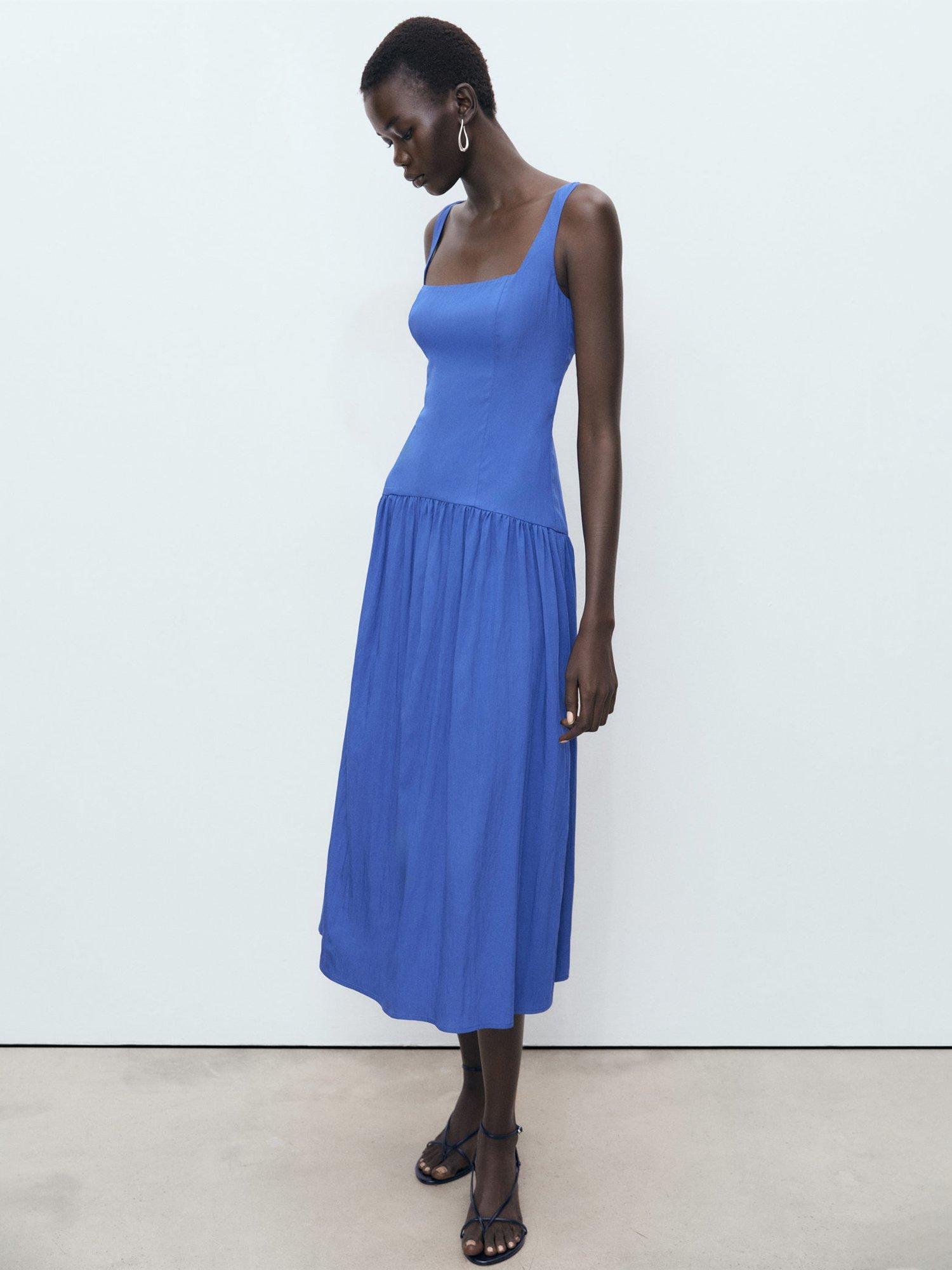 Product image 1 of 8, which shows Mango Pola Square Neck Sleeveless Flare Midi Dress, Medium Blue, 12
