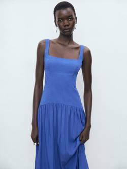 Mango Pola Square Neck Sleeveless Flare Midi Dress - view 2, Medium Blue