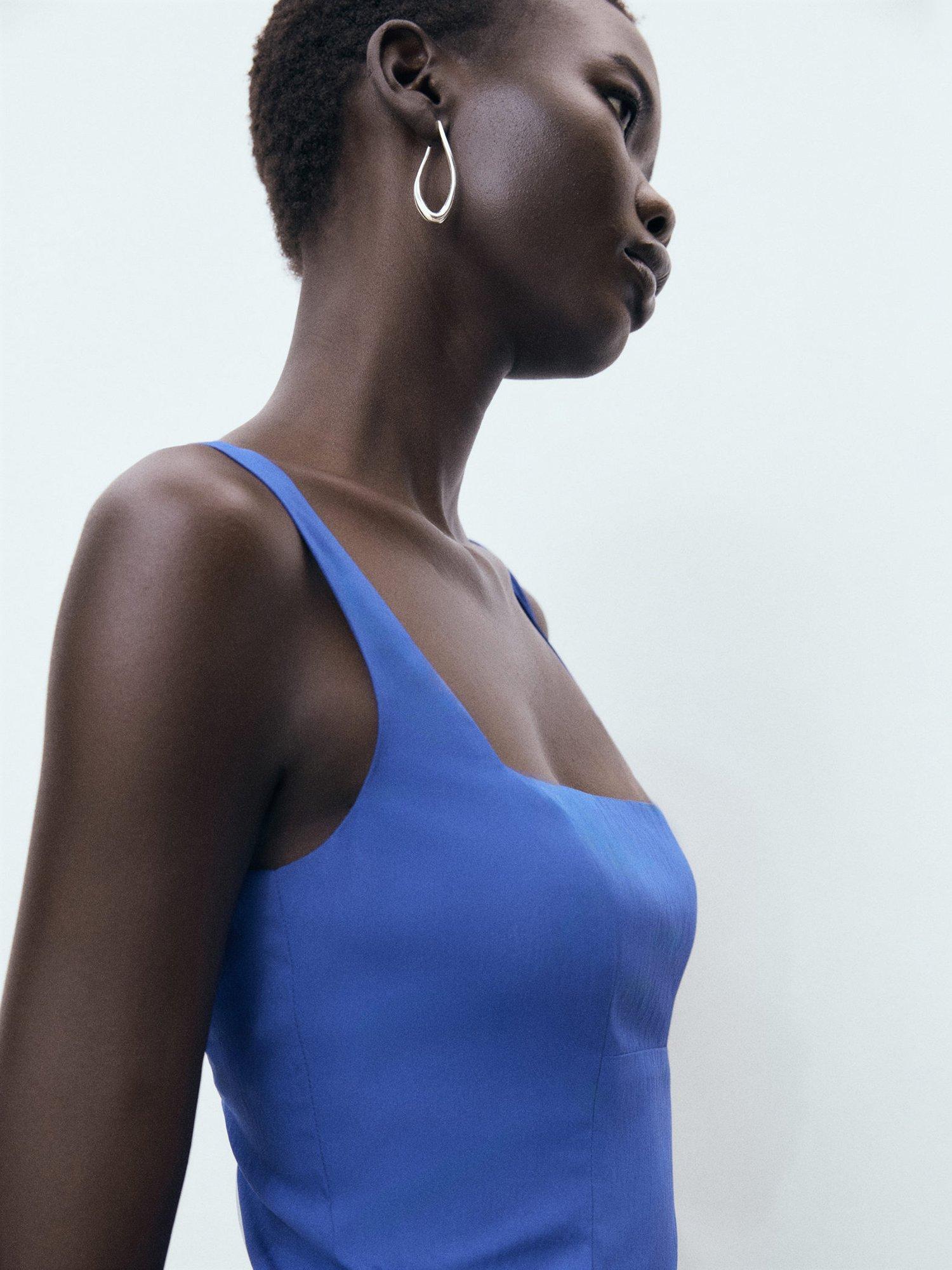 Product image 6 of 8, which shows Mango Pola Square Neck Sleeveless Flare Midi Dress, Medium Blue, 12