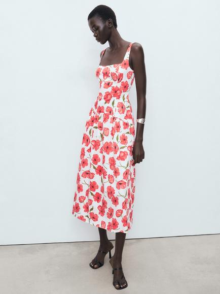 Mango Pola Cotton Blend Floral Square Neck Sleeveless Flare Midi Dress, Natural White