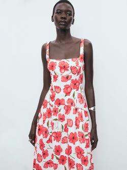 Mango Pola Cotton Blend Floral Square Neck Sleeveless Flare Midi Dress - view 2, Natural White