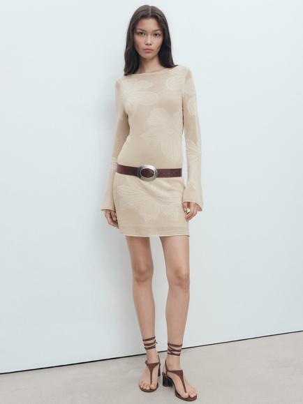 Mango Rosetto Floral Long Sleeve Slim Mini Sheath Dress, Light Beige