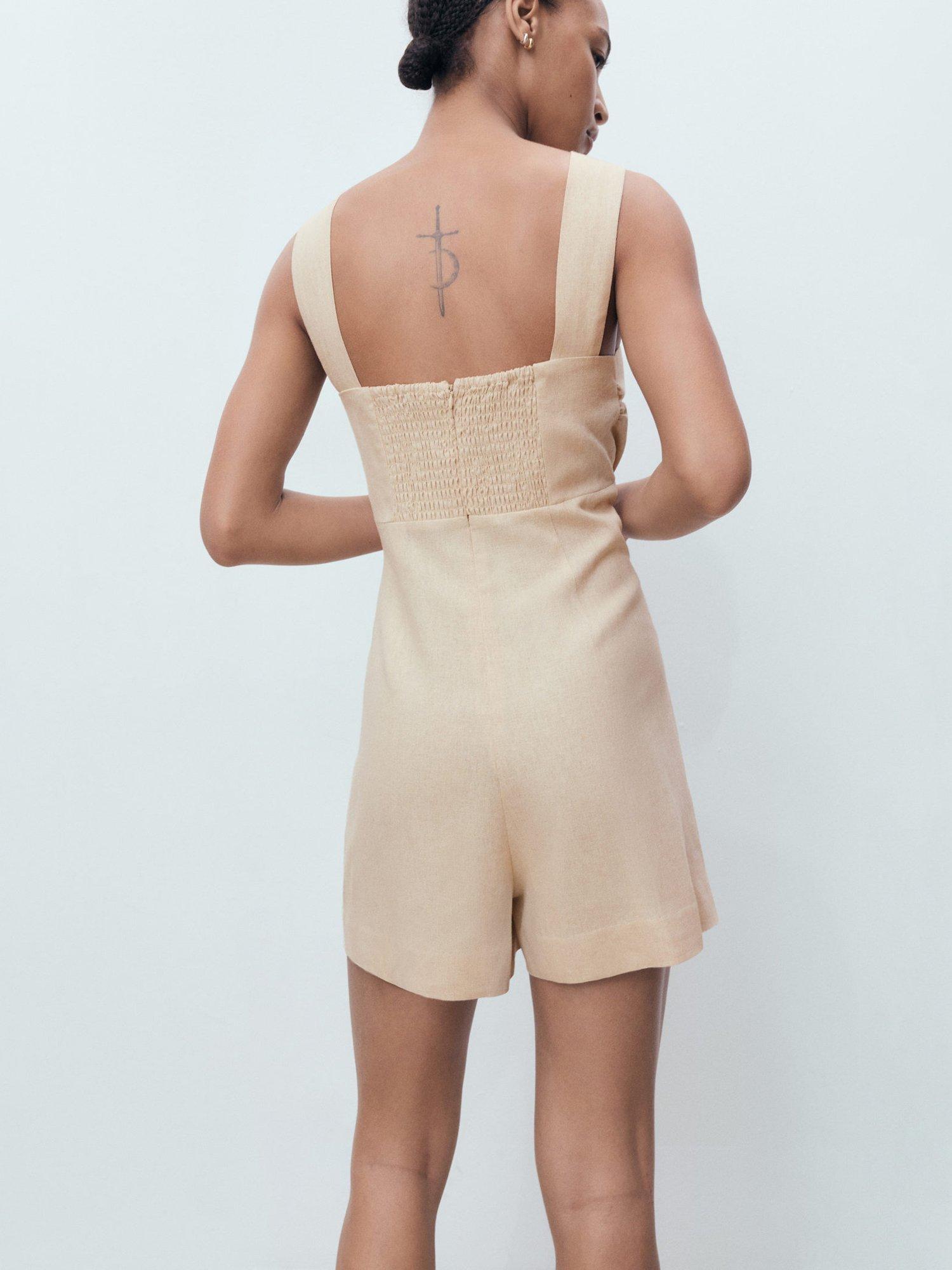 Product image 4 of 7, which shows Mango Cross Front Linen Rich Playsuit, Light Pastel Brown, L