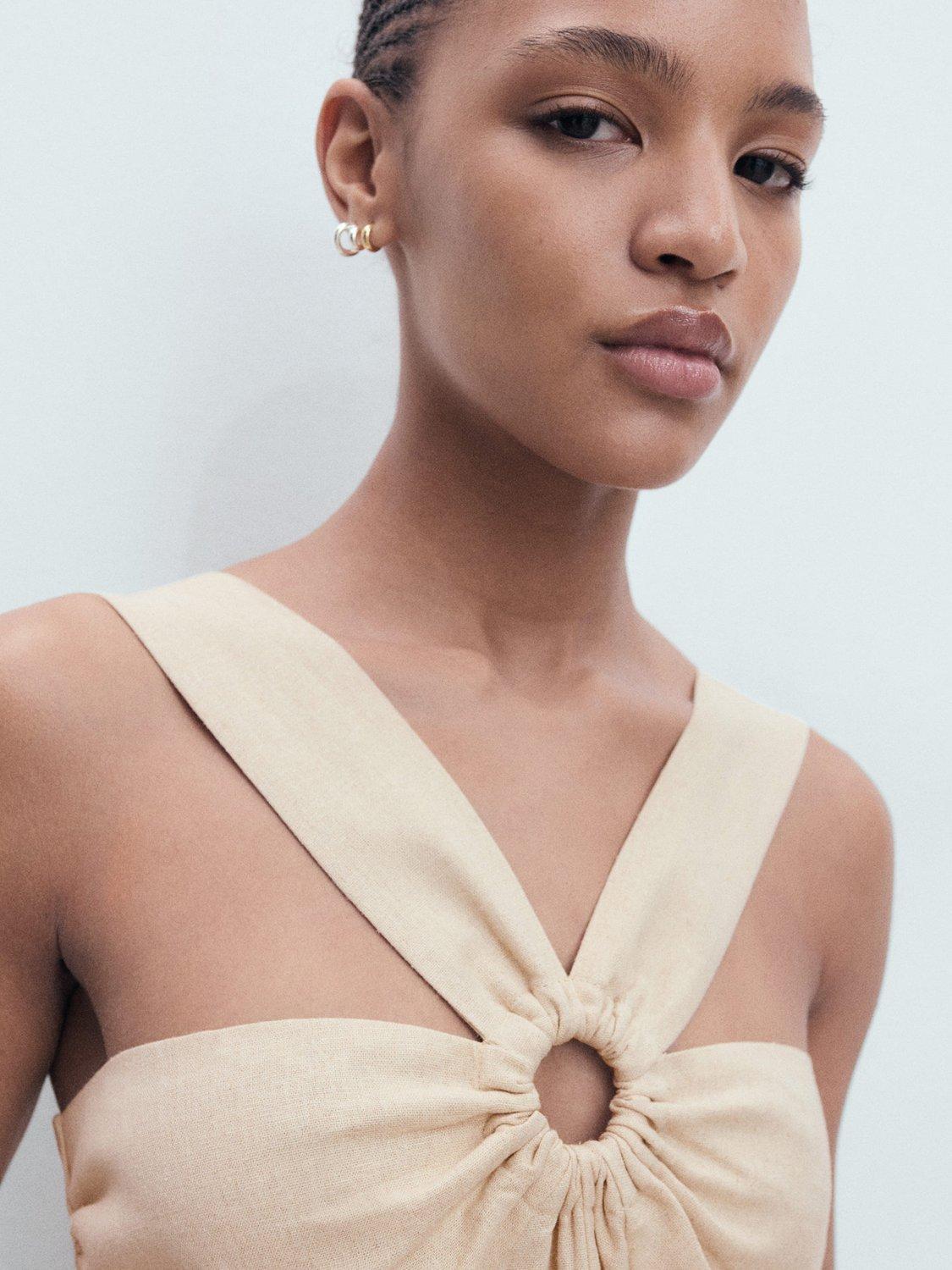 Product image 6 of 7, which shows Mango Cross Front Linen Rich Playsuit, Light Pastel Brown, L