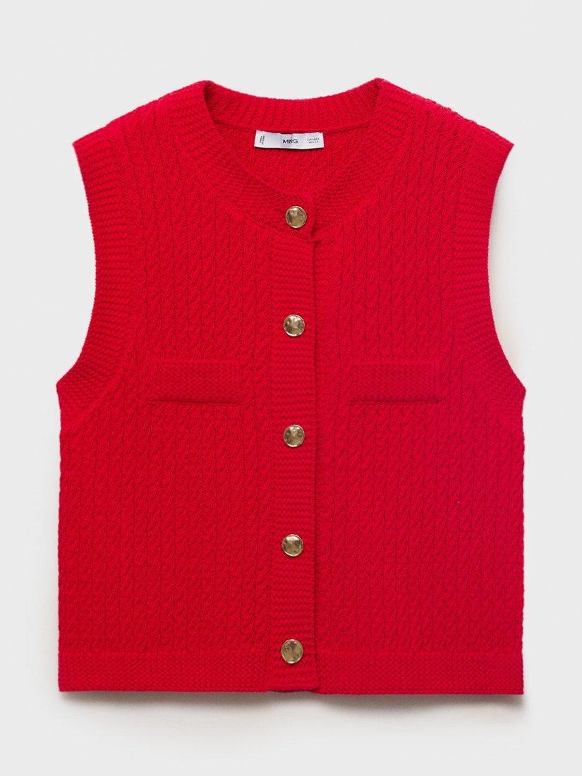 Product image 3 of 6, which shows Mango Winneba Round Neck Cotton Waistcoat, Red, M