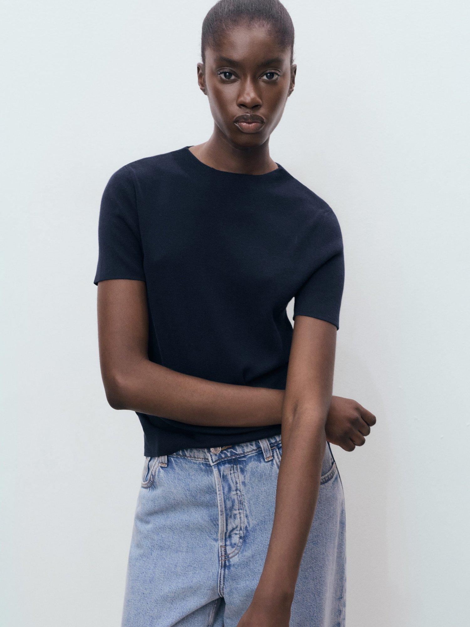 Product image 1 of 8, which shows Mango Camel Short Sleeve Jumper, Navy, XS