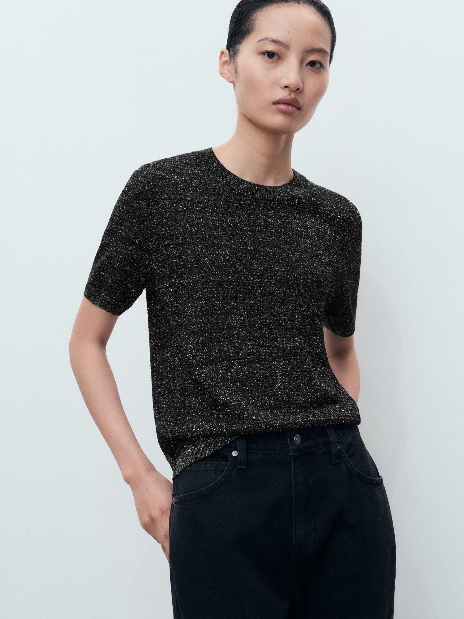 Product image 1 of 7, which shows Mango Glitter Short Sleeve Jumper, Black, M