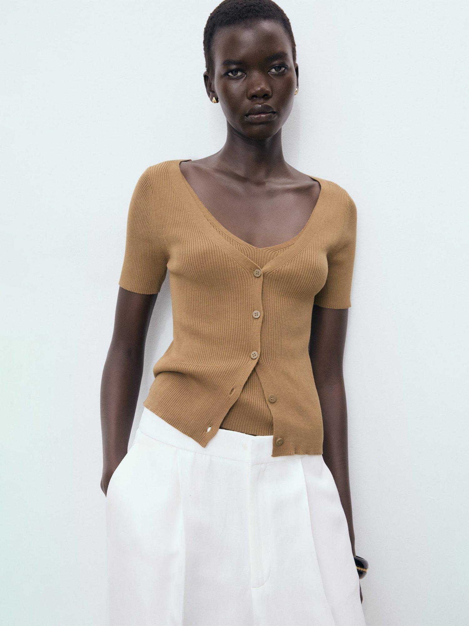 Product image 1 of 6, which shows Mango Orquidea V-Neck Short Sleeve Cardigan, Medium Brown, XS