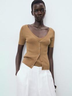 Mango Orquidea V-Neck Short Sleeve Cardigan, Medium Brown