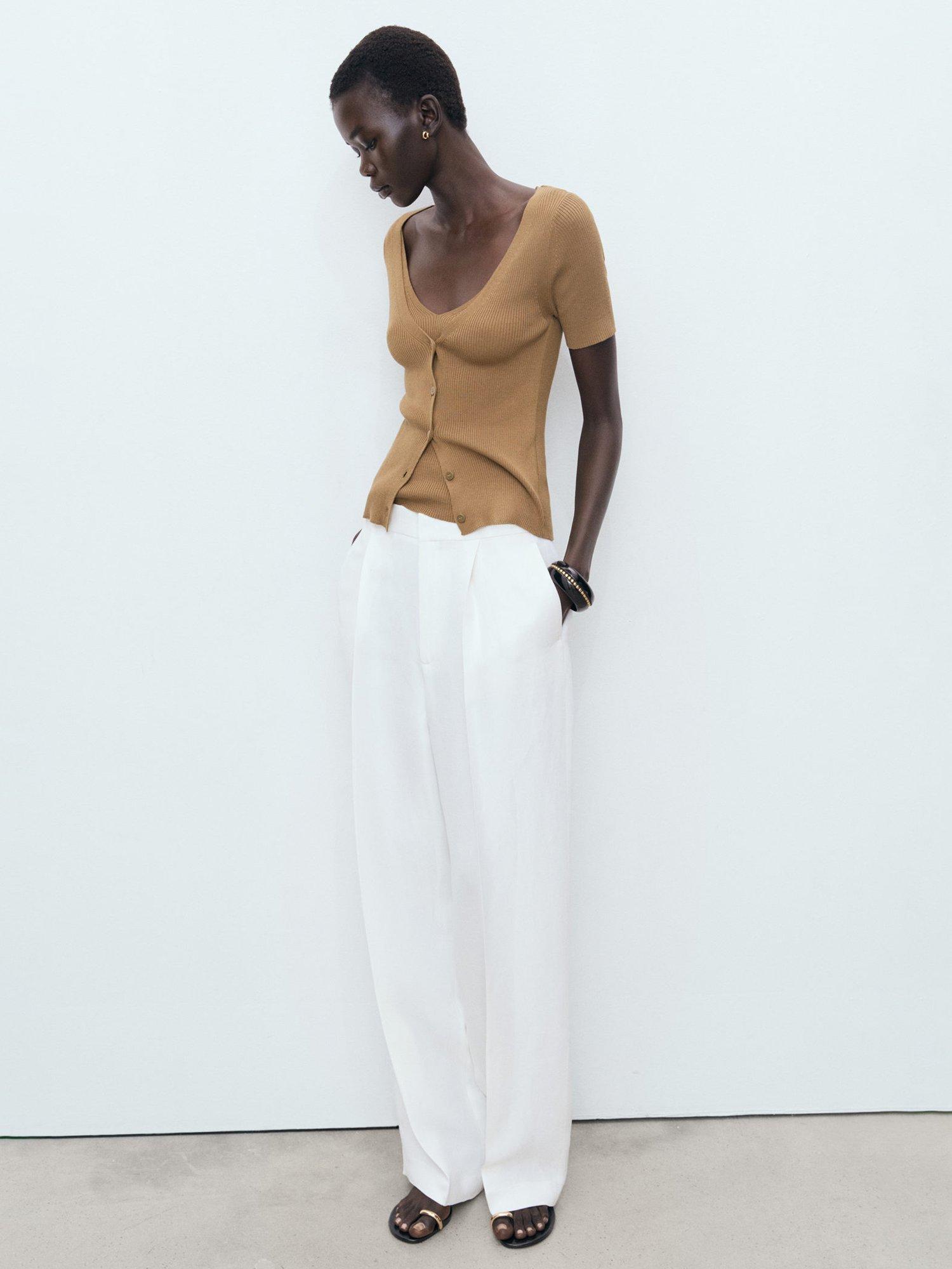 Product image 2 of 6, which shows Mango Orquidea V-Neck Short Sleeve Cardigan, Medium Brown, XS