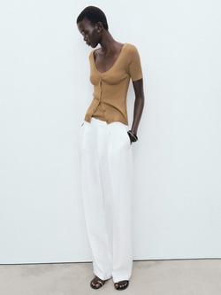 Mango Orquidea V-Neck Short Sleeve Cardigan - view 2, Medium Brown